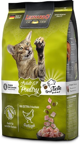 LEONARDO ADULT POULTRY Grain Free line Ξηρά τροφή για ενήλικες ευαίσθητες γάτες από 1 έτους με αλλεργίες, δυσανεξίες στα σιτηρά ή στην γλουτένη, με φρέσκο ψαχνό κρέας πουλερικών 1,8kg